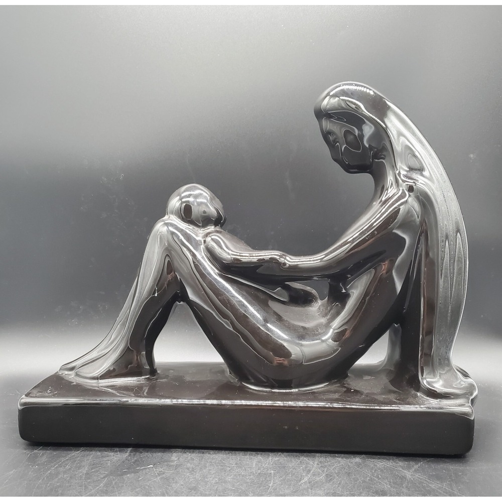 VTG Haegar Ceramic Modern Decor Art Modern Mother Child Statue, Gloss Black 1990
